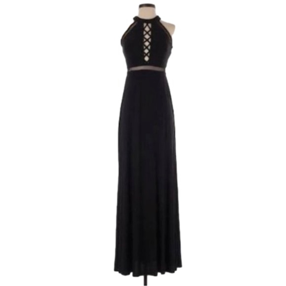 Morgan &‎ Co. Black Halter Criss Cross Front Mesh Waist Long Formal Dress Sz 1/2